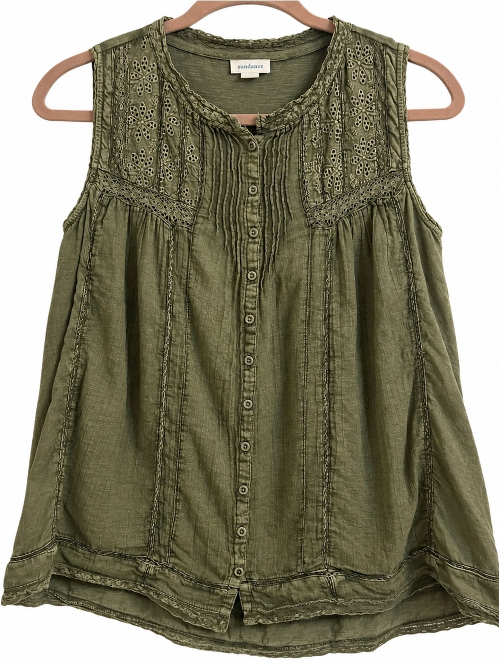 Sundance blouse Olive Green Cotton Embroidered Boho Button Front Tunic Top Med